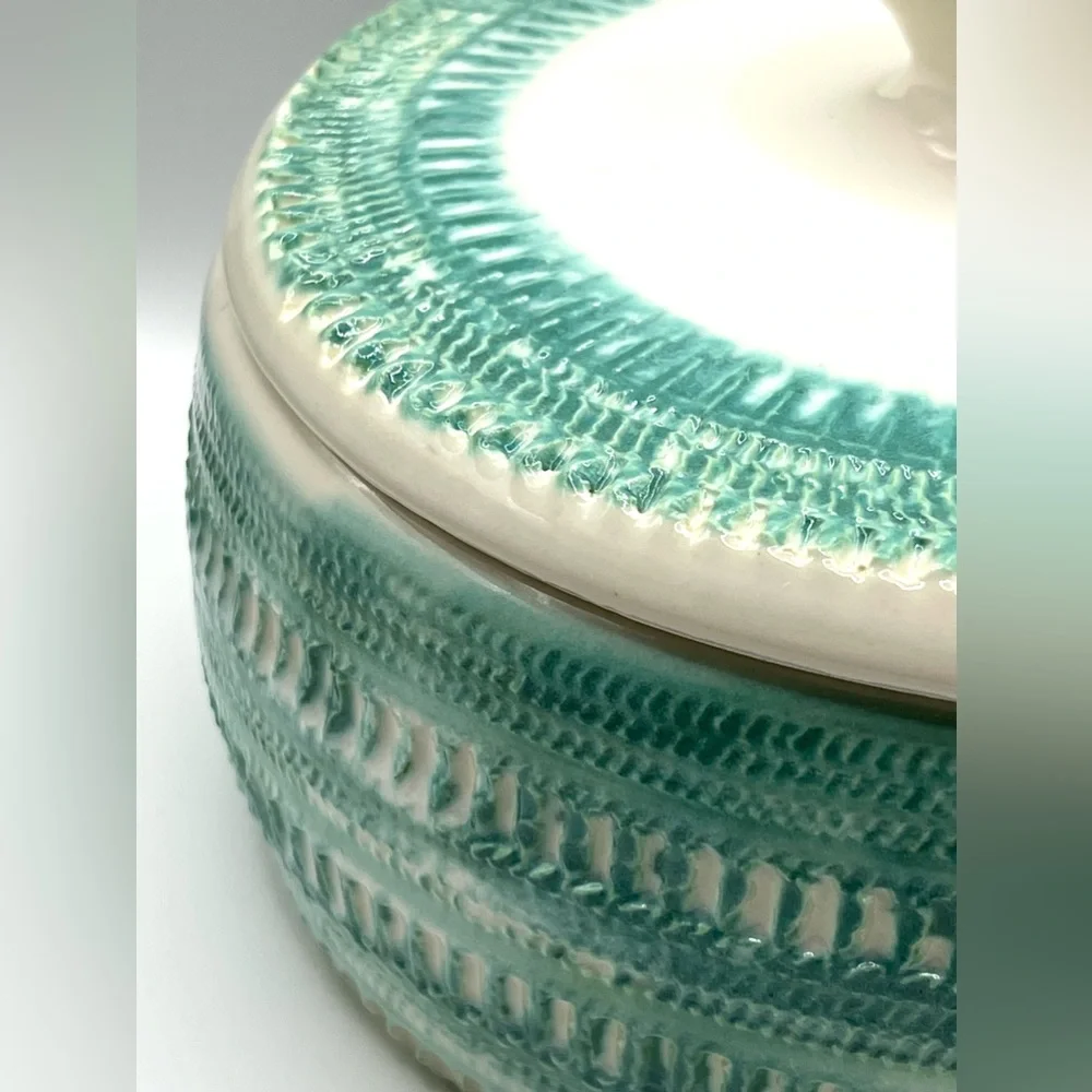 Vintage 1961 Handmade Ceramic Pottery Bowl w/Lid Turquoise/White MCM Signed - Picture 15 of 16